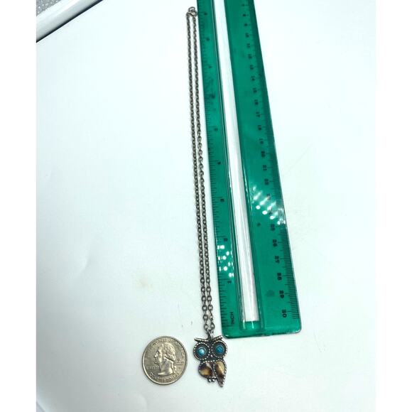 Vintage Acoma Sterling Silver Turquoise Multi-Stone Owl Pendant Signed J.L.‎ - Picture 4 of 4